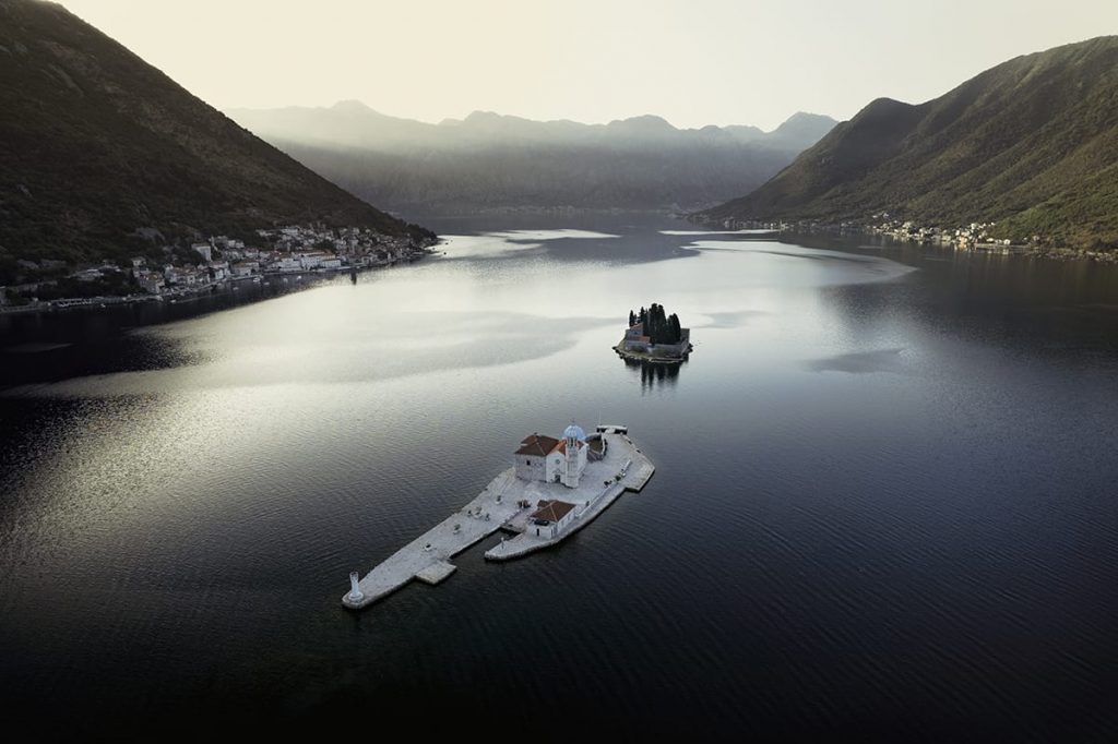 perast at sunrise drone photo montenegro road trip itinerary 2 weeks