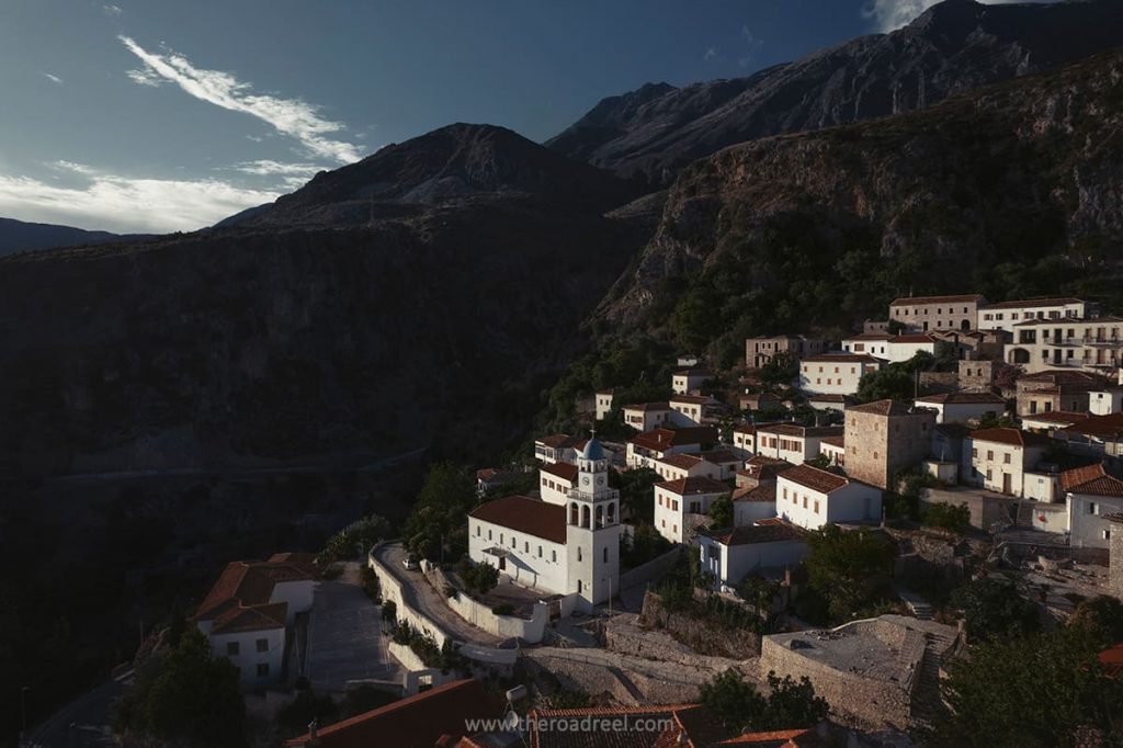 Albania Itinerary- albanian riviera- dhermi town drone photo at sunset