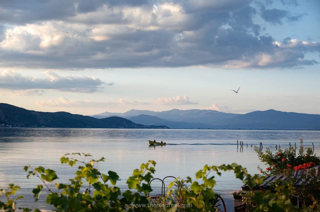 albania itinerary- sunset View from the waterfront terrace in our homestay in Lin, lake Ohrid