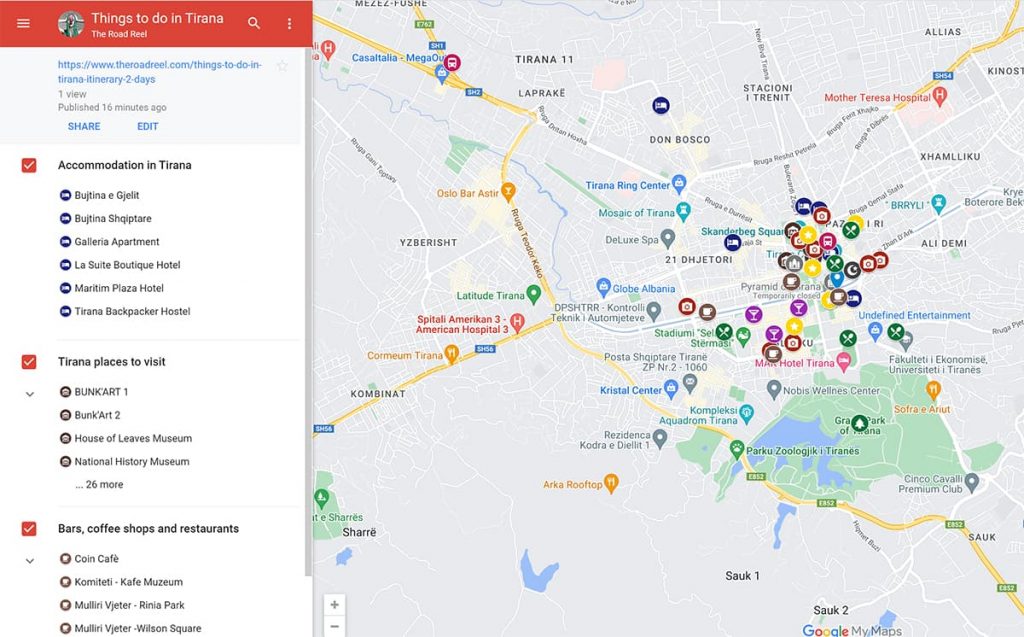 1-2 days in Tirana itinerary map