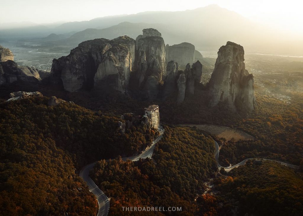 Guide to Meteora monasteries in Greece, aerial view of Russonou nunnery in autumn