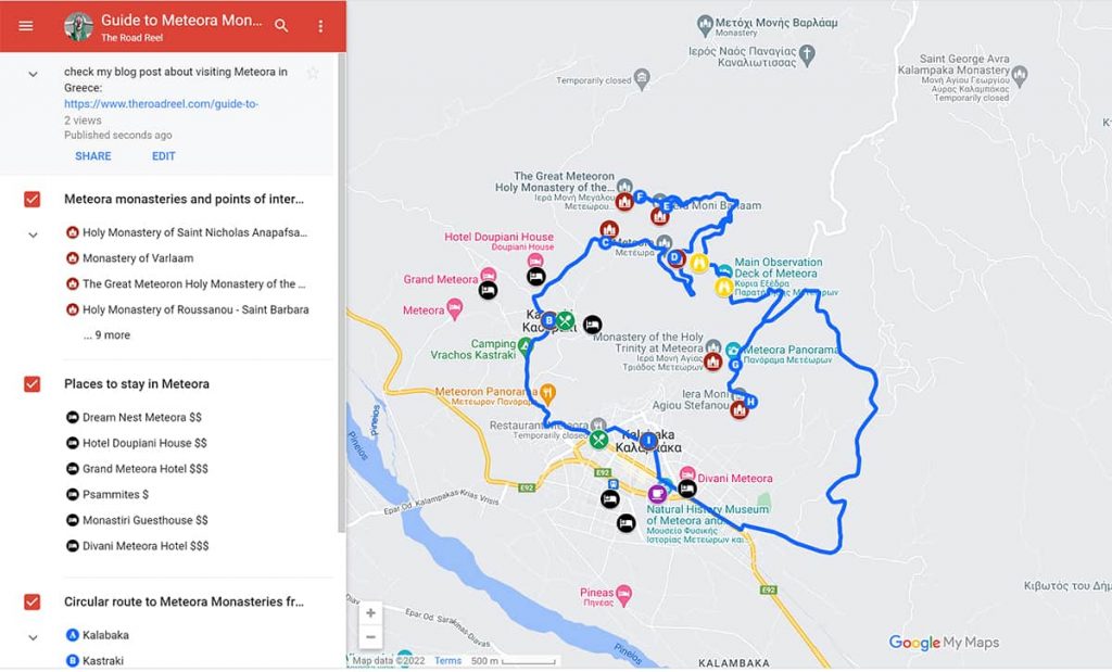 Map of Meteora monasteries