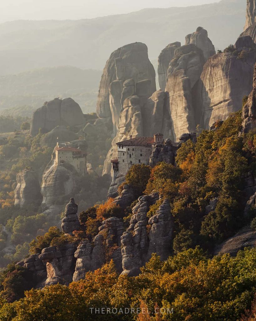 Roussanou and St. Nikolaos Anapafsas monasteries from Sunset Rock at sunset