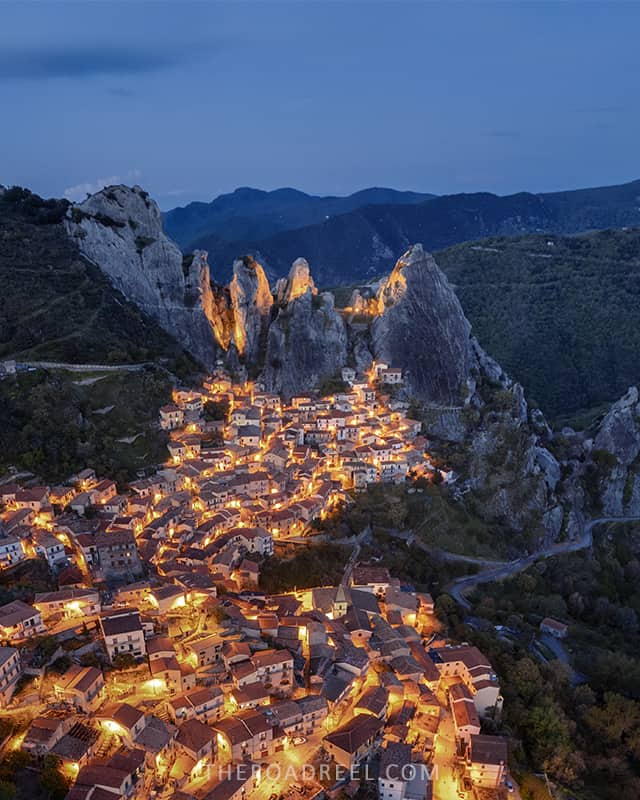 castlemezzano basilicata italy at dusk, drone photo