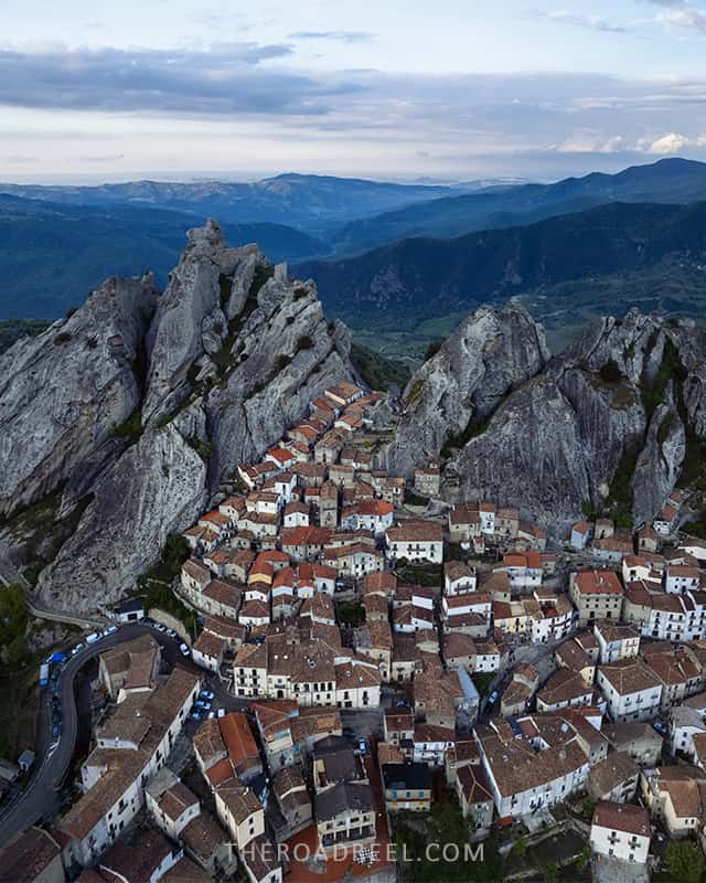 pietrapertosa in basilicata drone photo in the evening- south italy itinerary