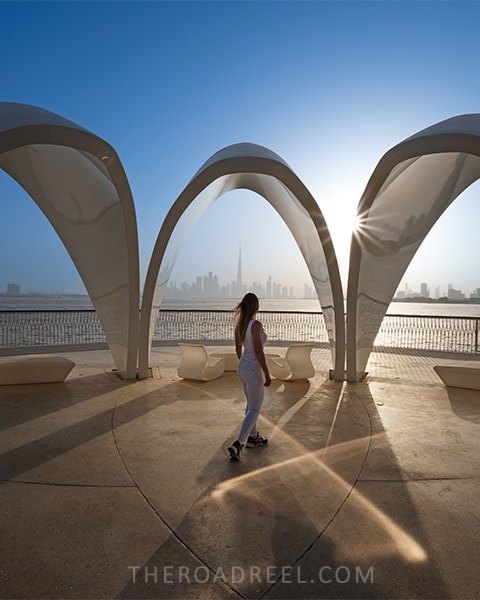 Best photo locations in Dubai-Dubai Creek Harbor at sunset, white frames