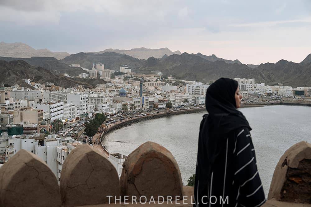 Muttrah corniche from Muttrah Fort on a cloudy evening, Muscat, Oman