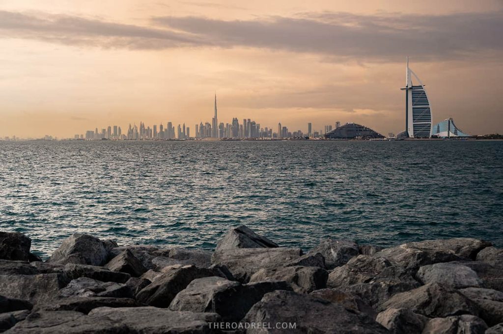 7 days in dubai itinerary: 1 week in dubai, dubai skyline from palm jumeirah