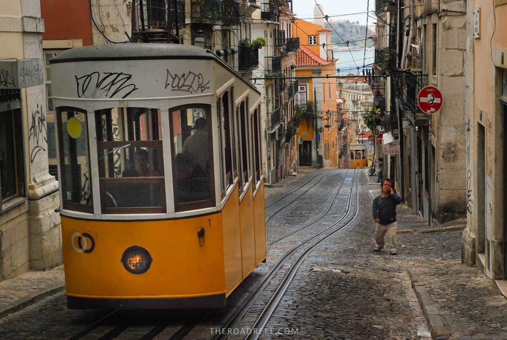 Ascensor da Bica ascending Rua da Bica de Duarte Belo- the most photographed street in Lisbon