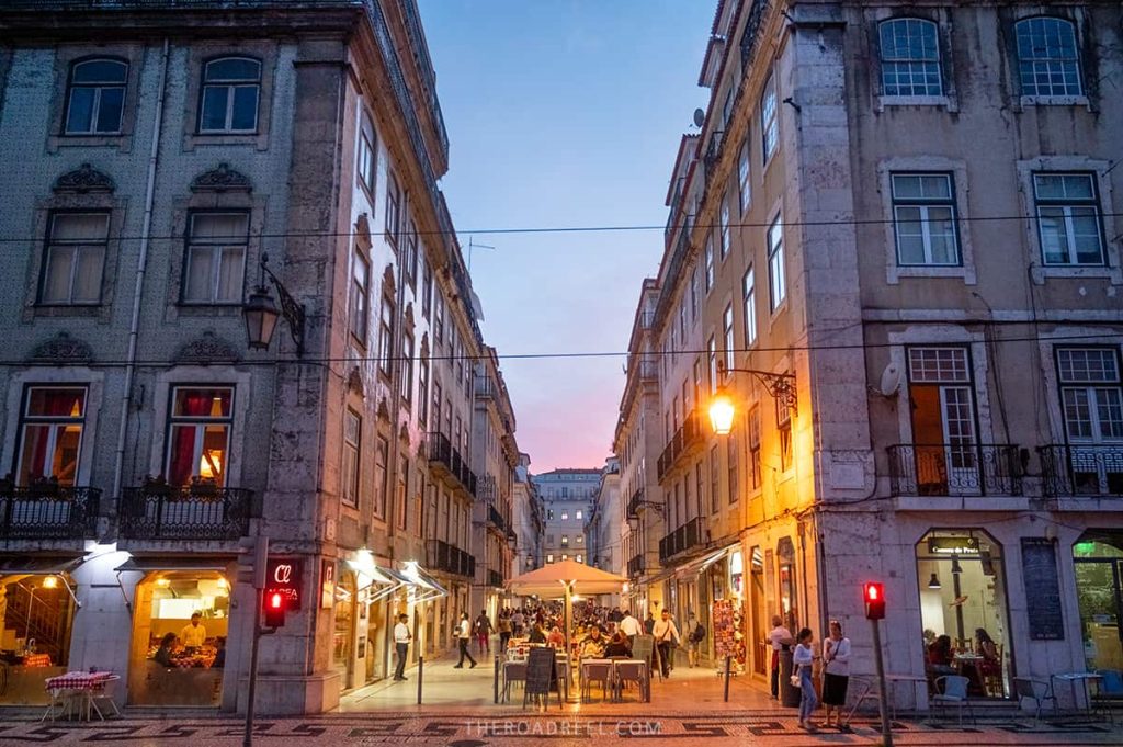 Rua Augusta boulevard at dusk, Lisbon itinerary