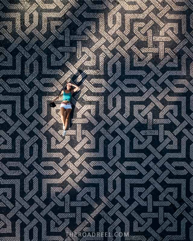 calçada portuguesa, me shooting top-down with a drone Praça do Restauradores square