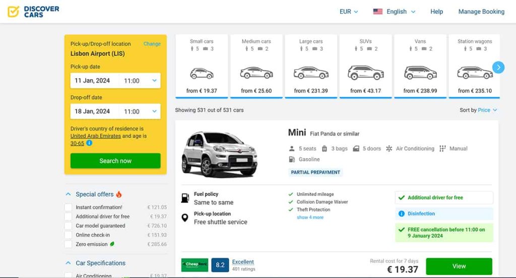 car rental rates with discover cars in lisbon in january