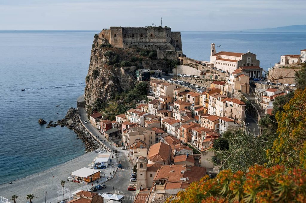 Panoramic views of Castello di Ruffolo from Piazza San Rocco in Scilla, Italy