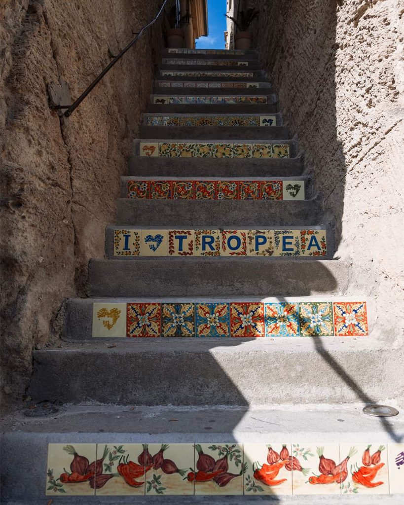Another beautiful staircase in Tropea, Italy with ceramic tiles