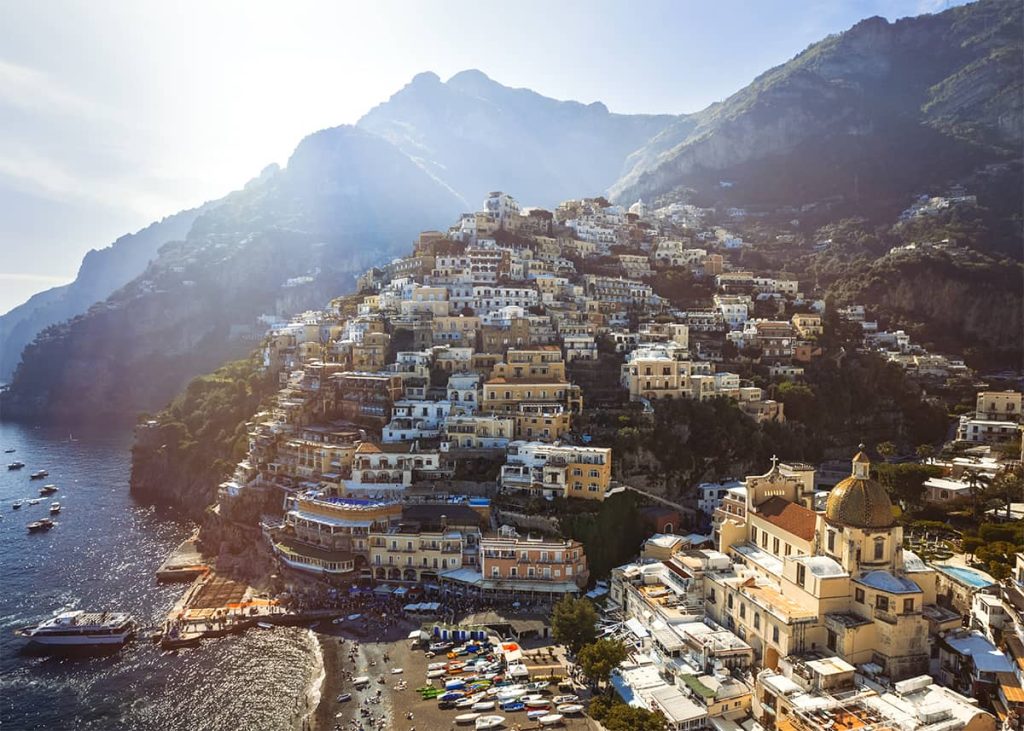 Naples to Calabria road trip, South Italy: Positano aerial view in the afternoon