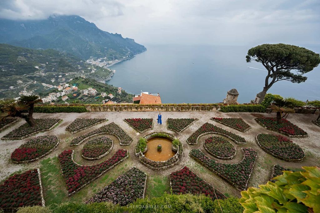 2 day amalfi coast itinerary- ravelo villa ruffolo gardens from above with the coastal view