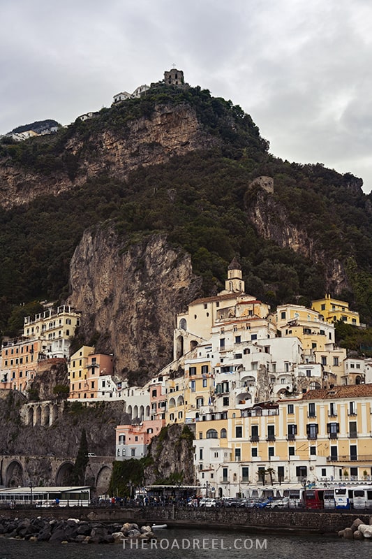 amalfi town as seen on a cloudy day from the port
