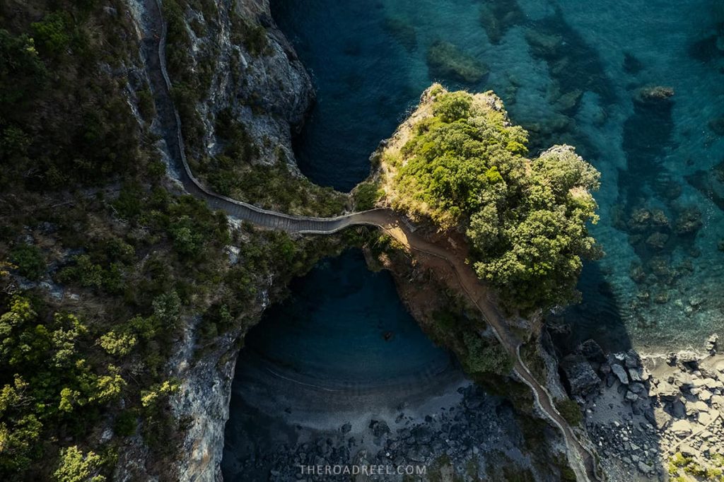 arcomagno beach in san nicola arcella, top down view from drone